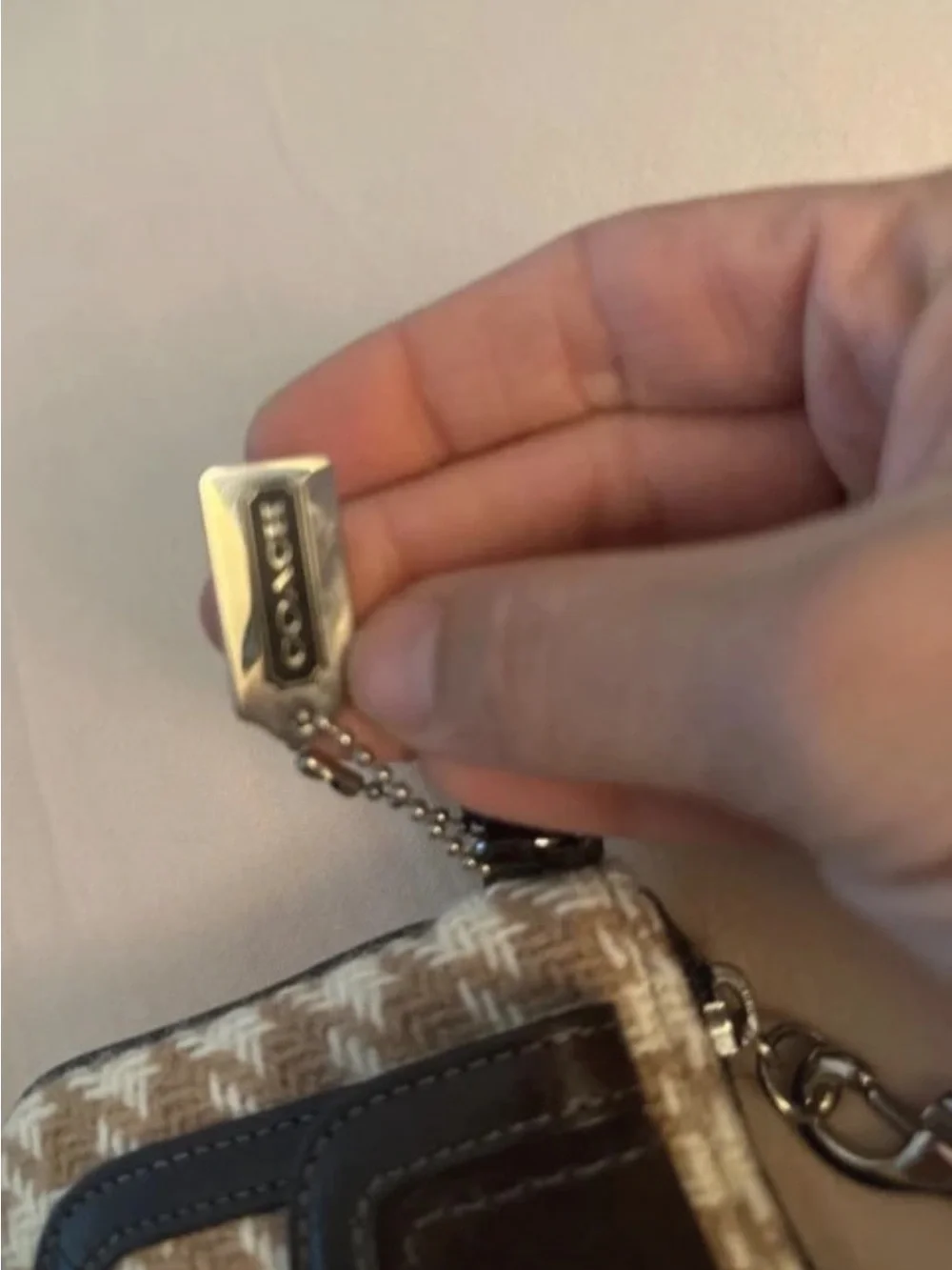SOLD Coach Beige/Tan Wool Houndstooth Wristlet with Dark Brown Suede and Leather